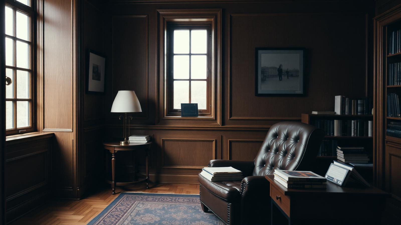 Warm oak-paneled study with a leather chair, side table, and soft window light