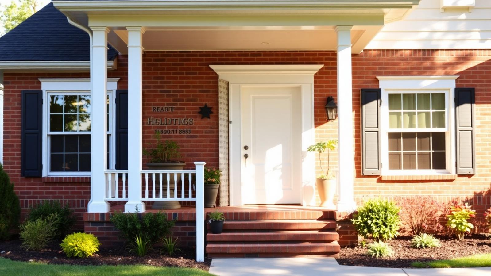Approachable brick family residence with a front porch in warm daylight