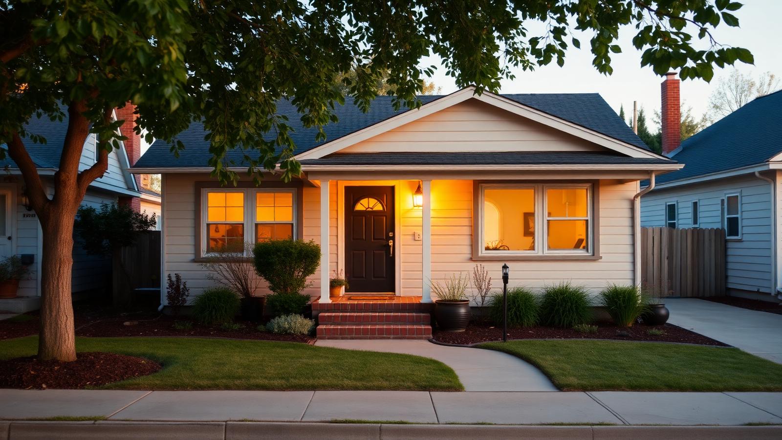 Warm, well-maintained American primary residence with a front porch at dusk