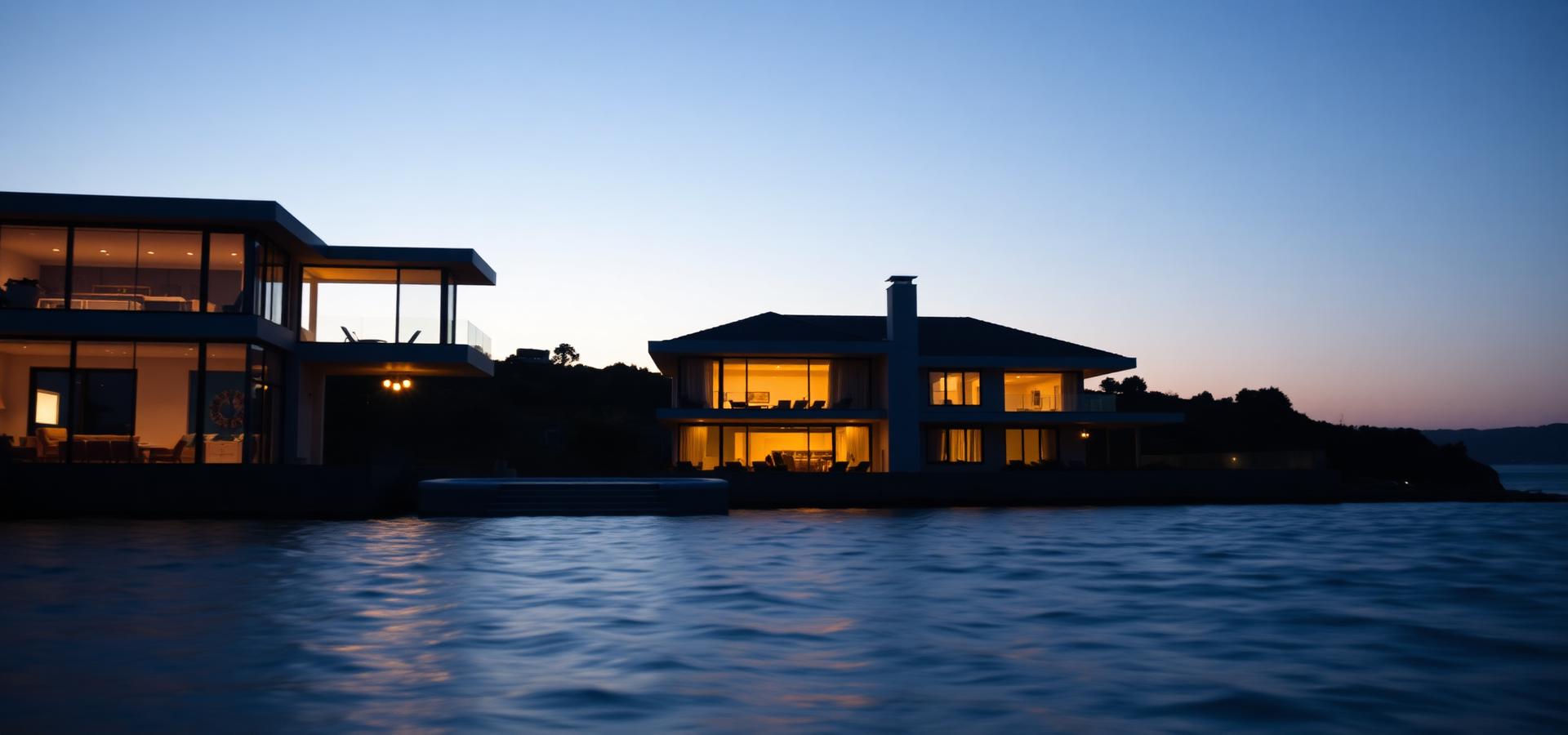 Coastal contemporary residence at dusk