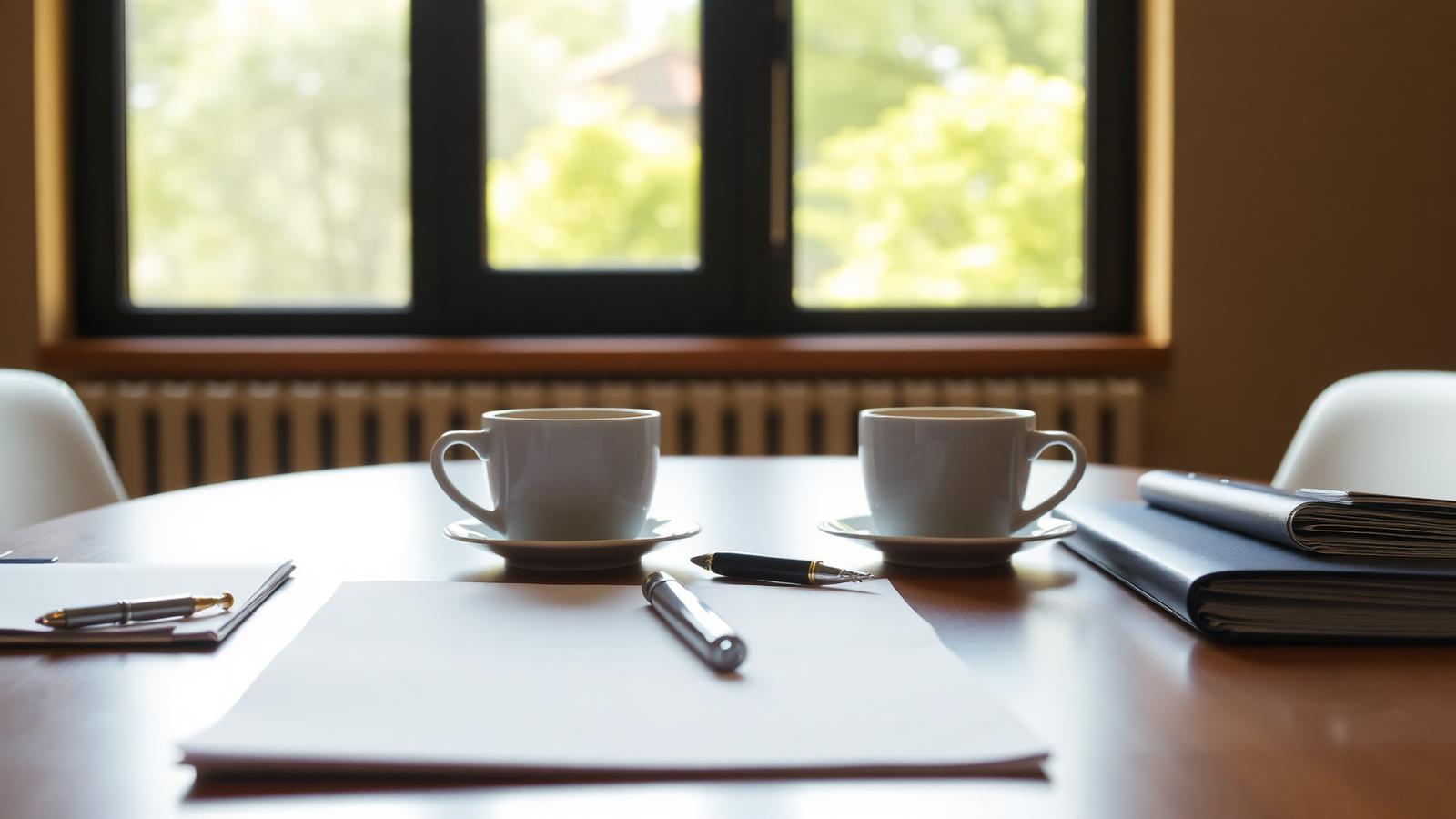 Conference table with two coffee cups, folders, and a pen in natural light