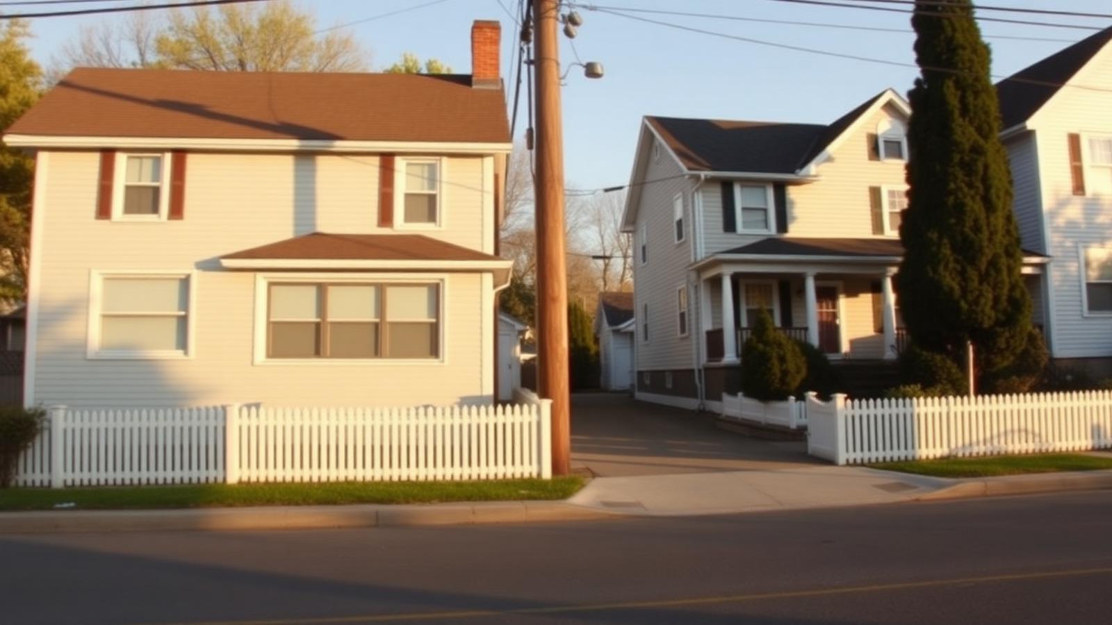 Two modest American homes on a quiet residential street in warm afternoon light