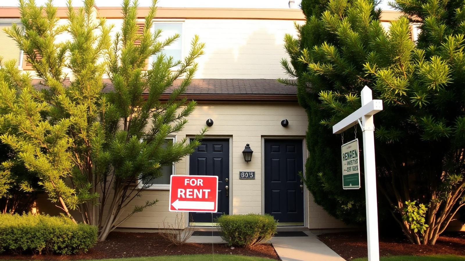 Small residential rental property exterior with landscaping in warm daylight