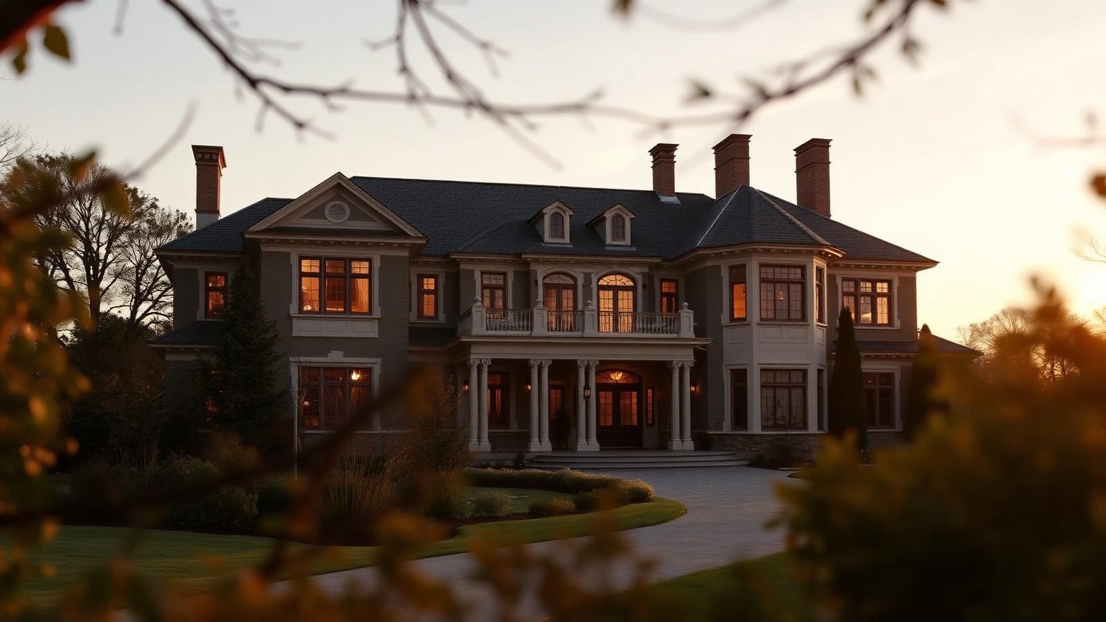 Stately jumbo-scale residence framed by mature landscaping at dusk