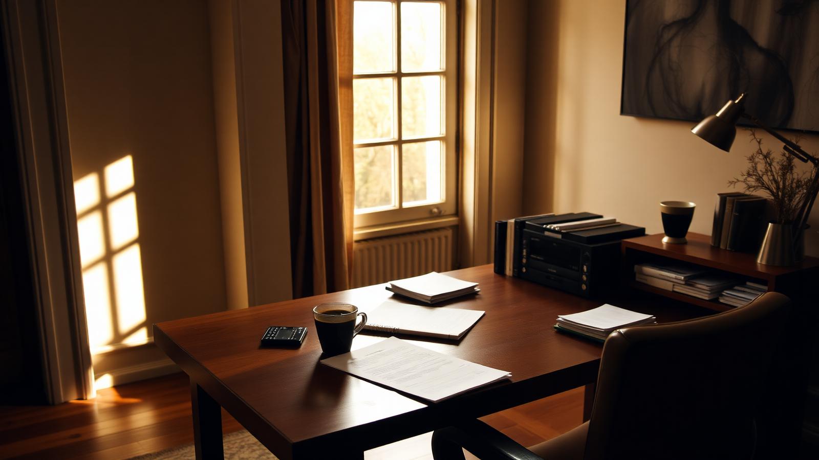 Warm home study with morning light, paperwork and a coffee cup on the desk