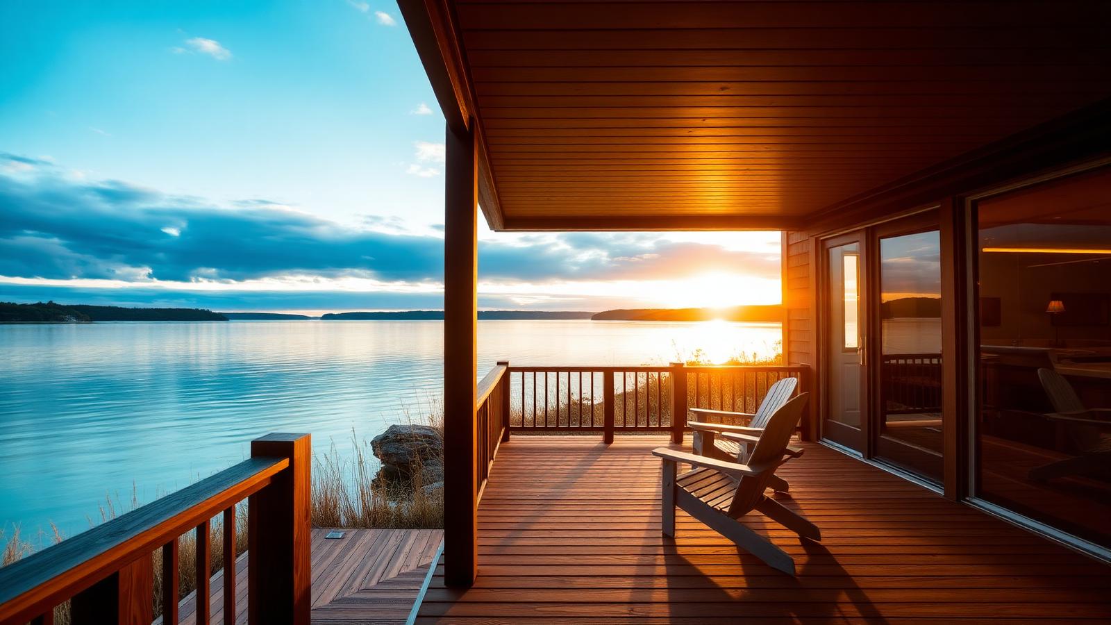 Refined lakeside second home deck at golden hour