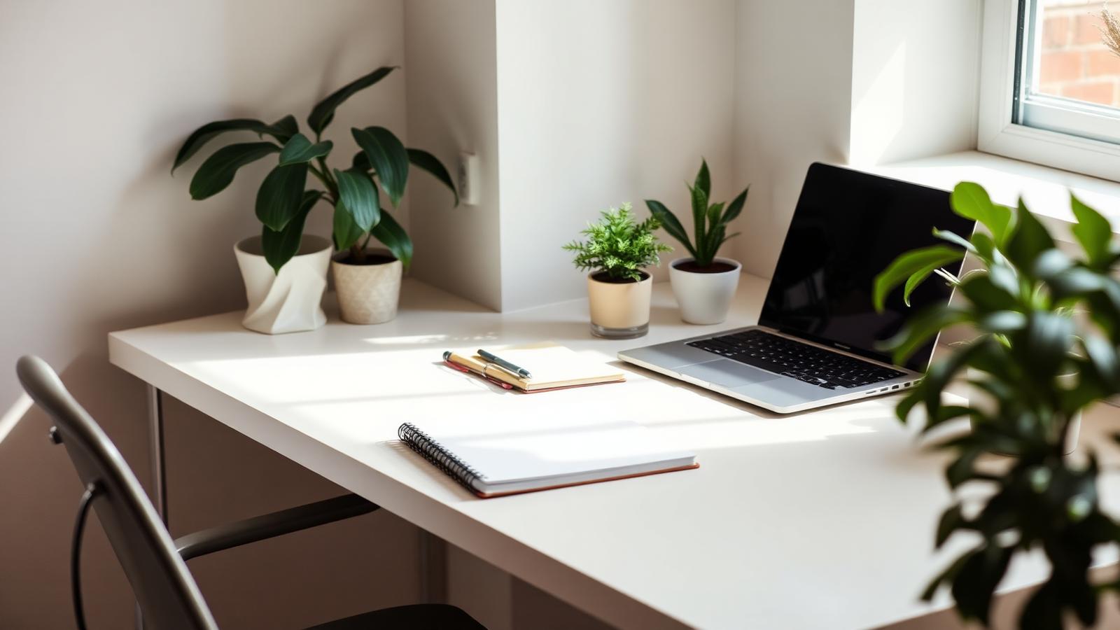 Independent professional's home workspace with laptop and notebook in natural light