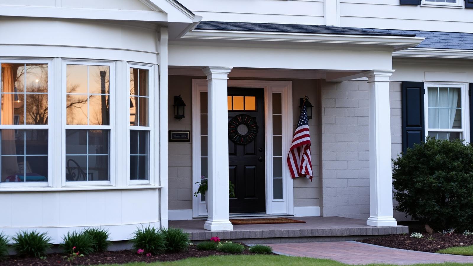 American home entrance with a small US flag near the front door