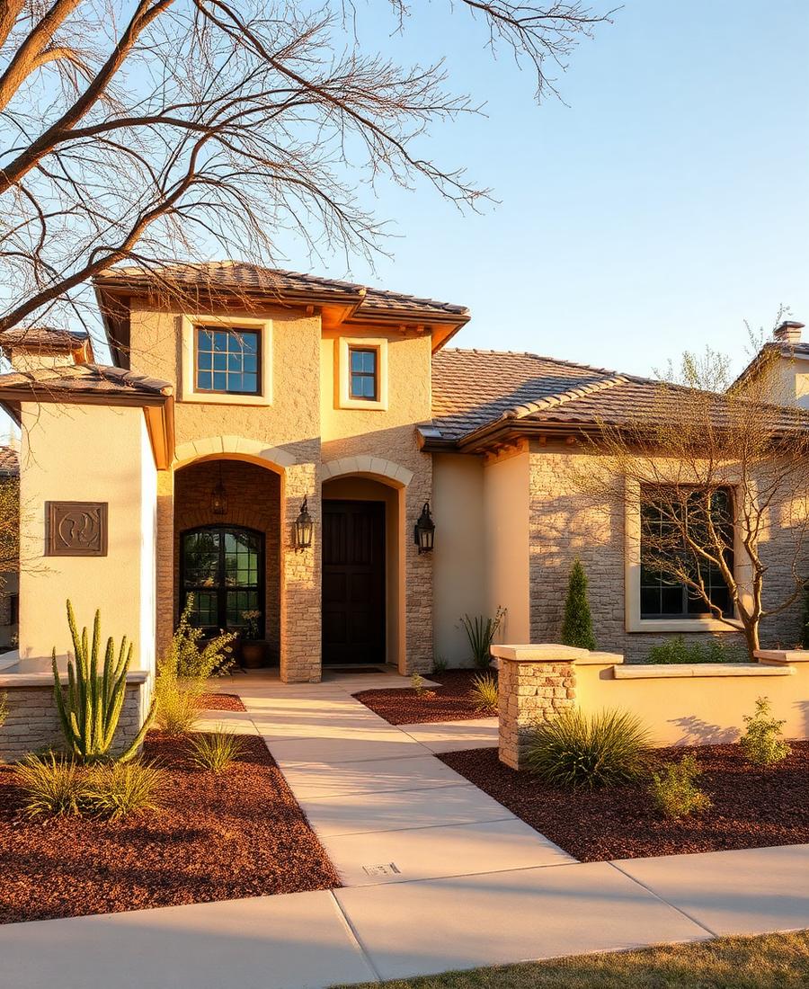 Sunlit stucco and stone primary residence