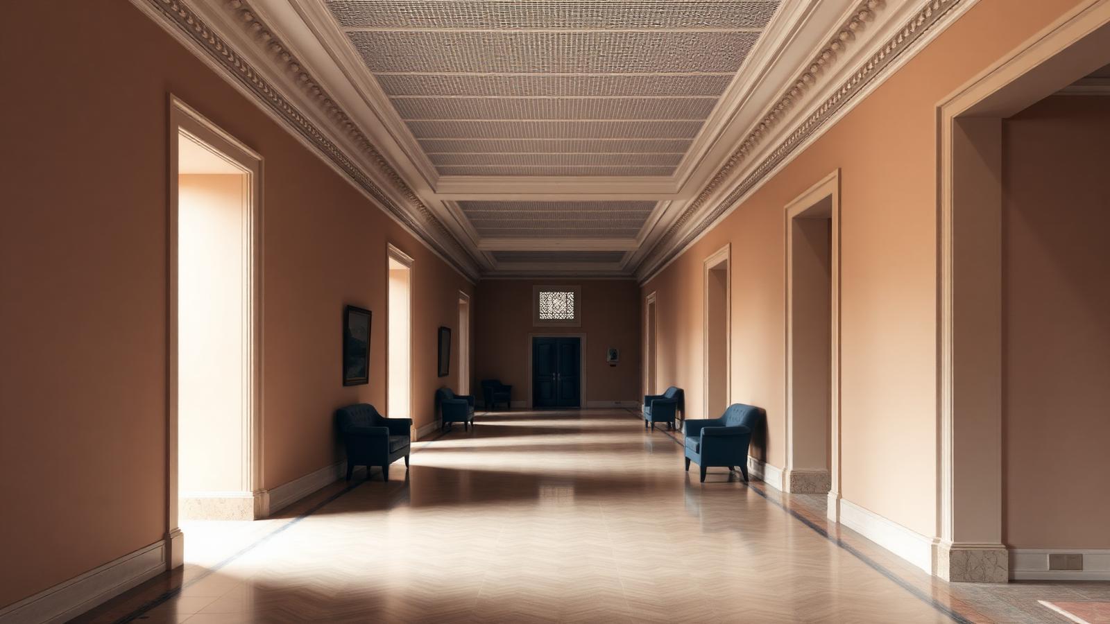 Long formal architectural corridor with soft daylight suggesting progression