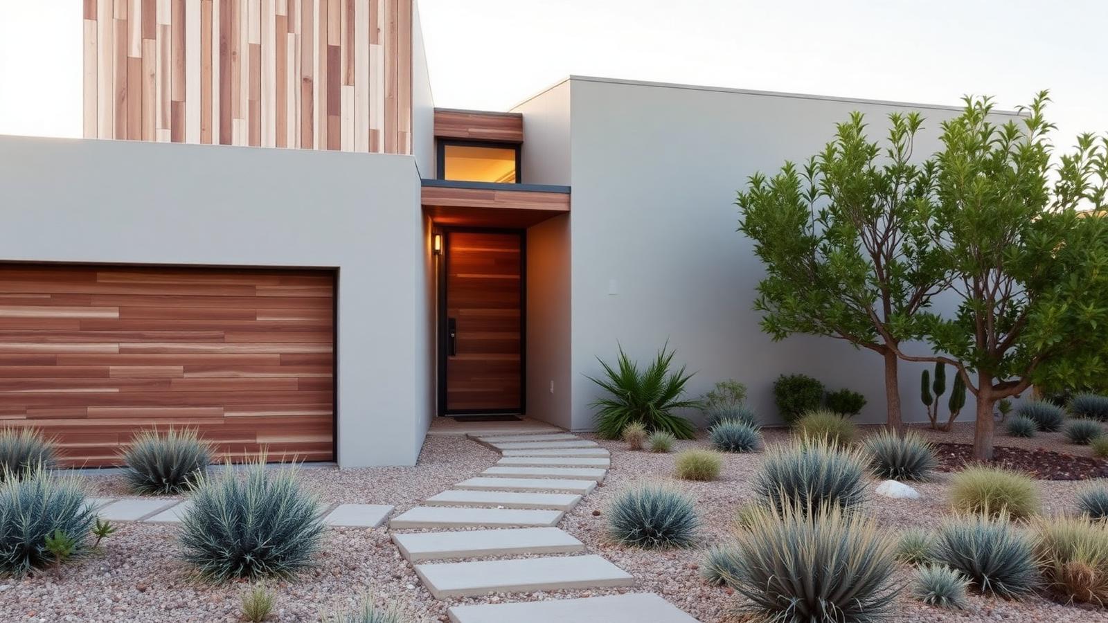 Modern California residence with wood cladding and drought-tolerant landscaping in natural coastal light