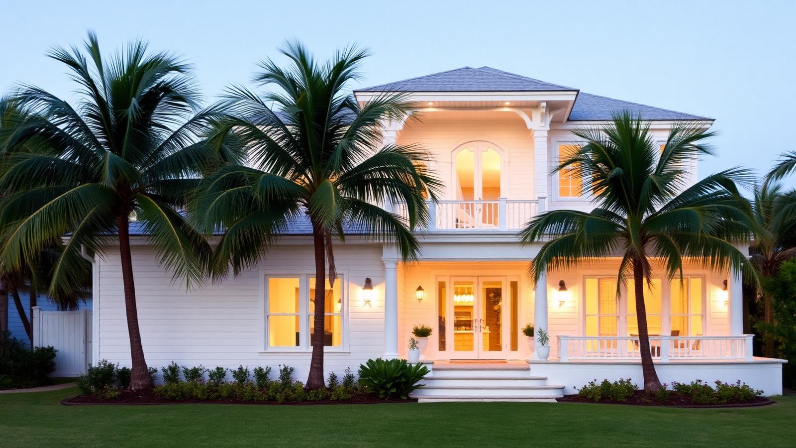 Refined Florida coastal residence with palms at dusk, warm interior light
