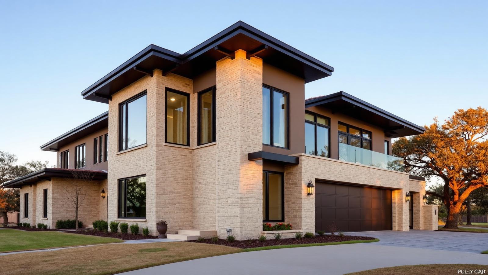 Sophisticated contemporary Texas residence with limestone facade and mature oaks in golden light