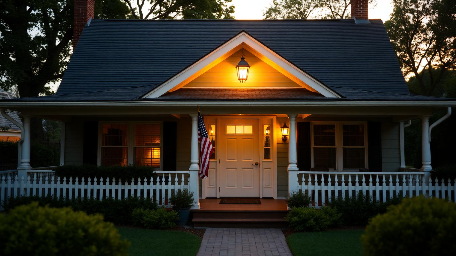Welcoming American home at golden hour with a small US flag on the porch