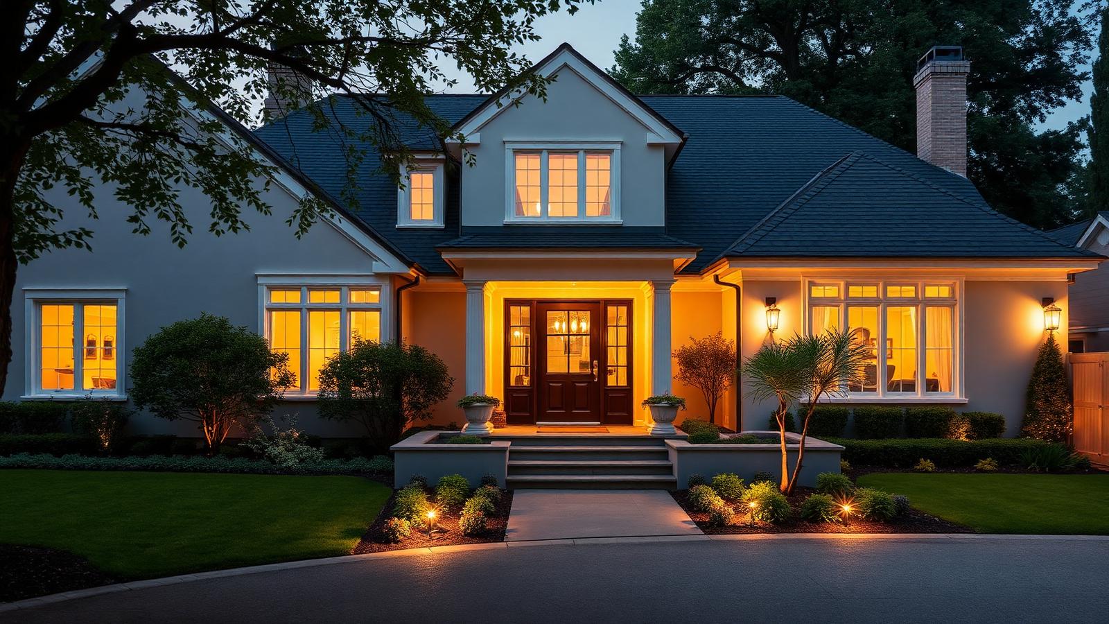 Refined residential home exterior at dusk with warm interior light